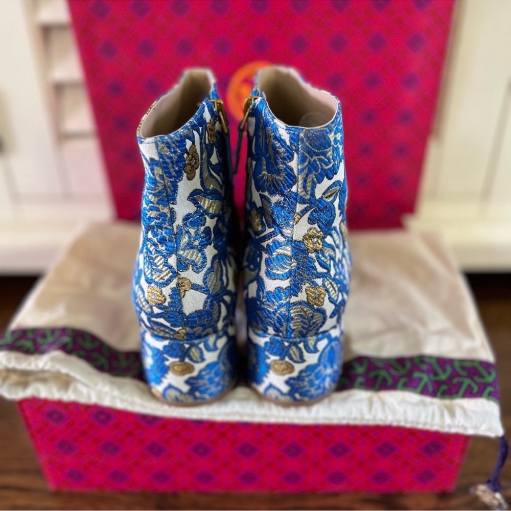 Tory Burch Blue and Gold Floral brocade Ankle Boots 10 - Picture 4 of 11